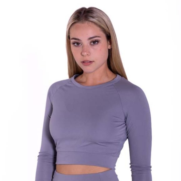 Long Sleeve Purple Crop Top And Biker Short Set - Picture 3 of 7